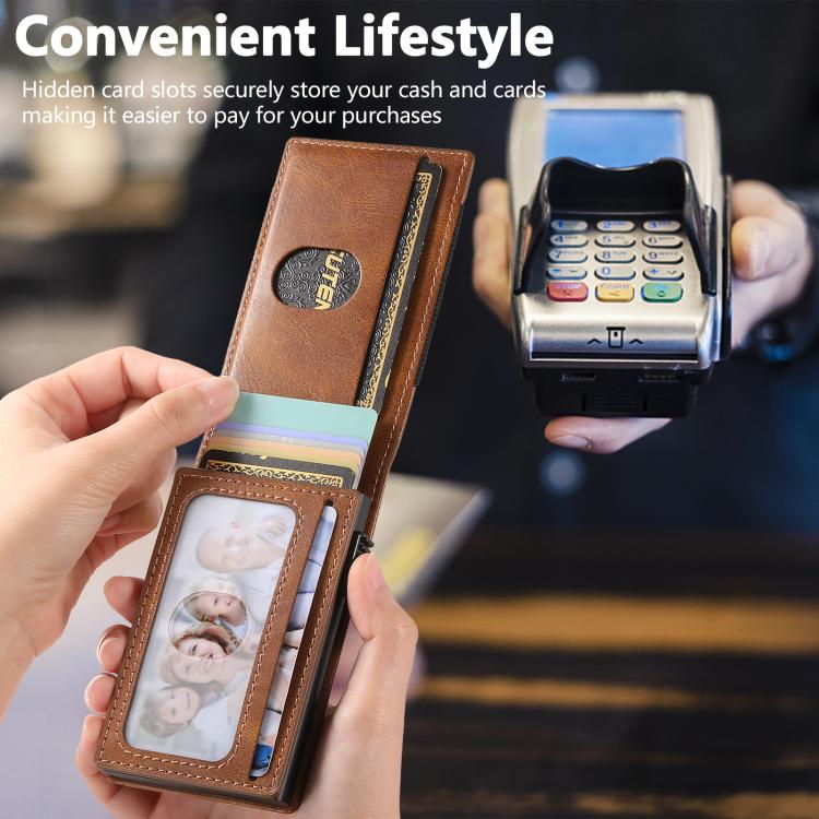The Suteni oil wax pattern button automatically pops out the elastic band card box(Brown)