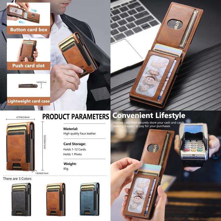 The Suteni oil wax pattern button automatically pops out the elastic band card box(Brown)