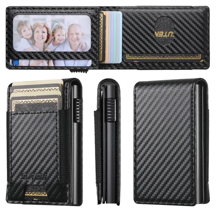 The Suteni carbon fiber pattern button automatically pops out the elastic band card box(Black)