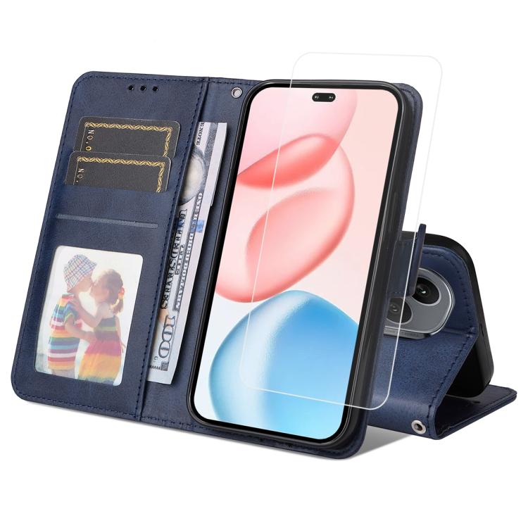 For Honor 400 Pro Global ENKAY Card Wallet Calf Texture Leather Phone Case with Full Glue Coverage Soft Hydrogel Film(Blue)