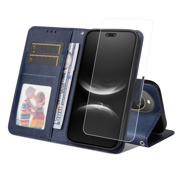For Huawei nova 14 Ultra ENKAY Card Wallet Calf Texture Leather Phone Case with Full Glue Coverage Soft Hydrogel Film(Blue)