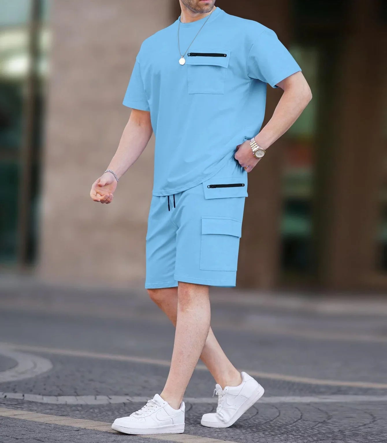 Summer 2025 Men's Short Sleeve Multi-Pocket Utility T-Shirt Shorts Casual Set for Western Europe and America