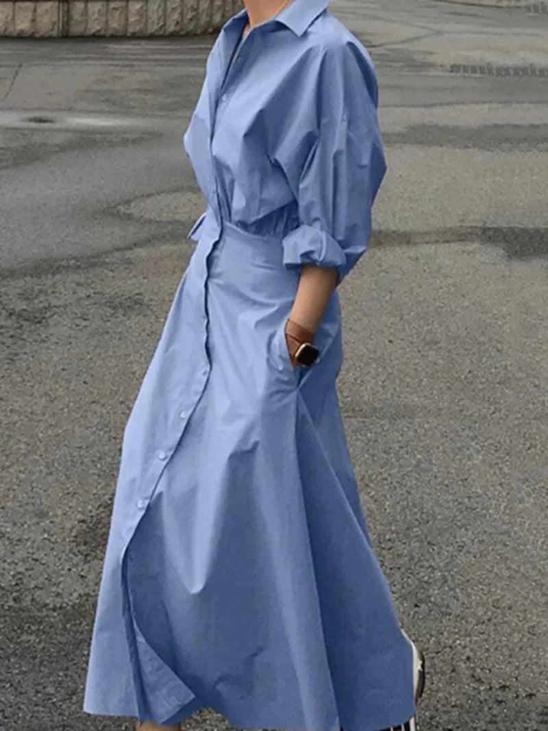 Modigirl Women Casual Long Shirts Dresses 2025 Summer Spring Clothes Khaki Puff Sleeves Botton Simple Maxi Dresses for Women