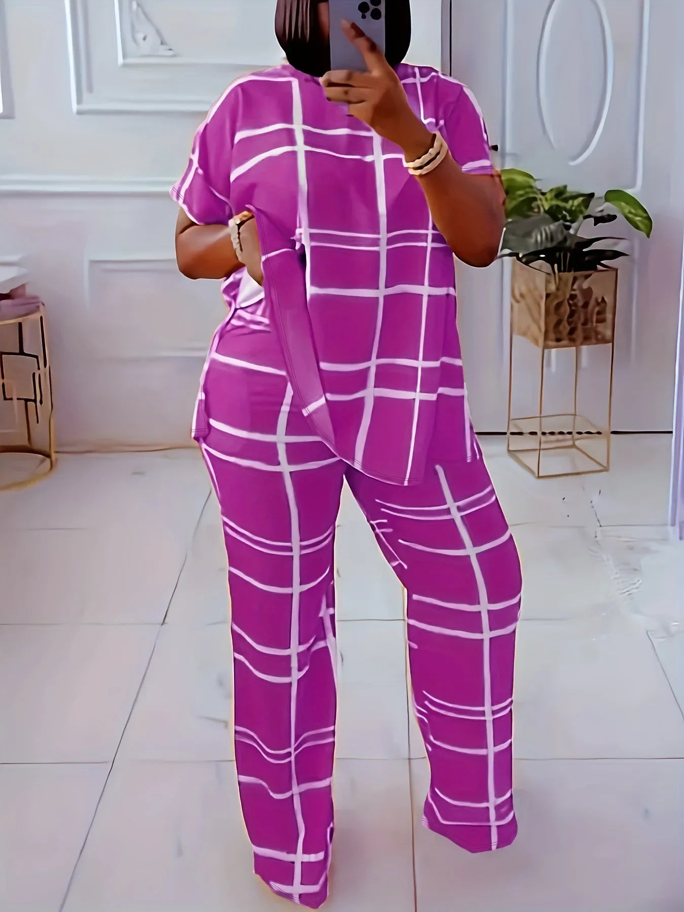 Spring Autumn New Women's Fashion Elements Striped Grid Printed Casual Round Neck Large Comfortable Two Piece Set