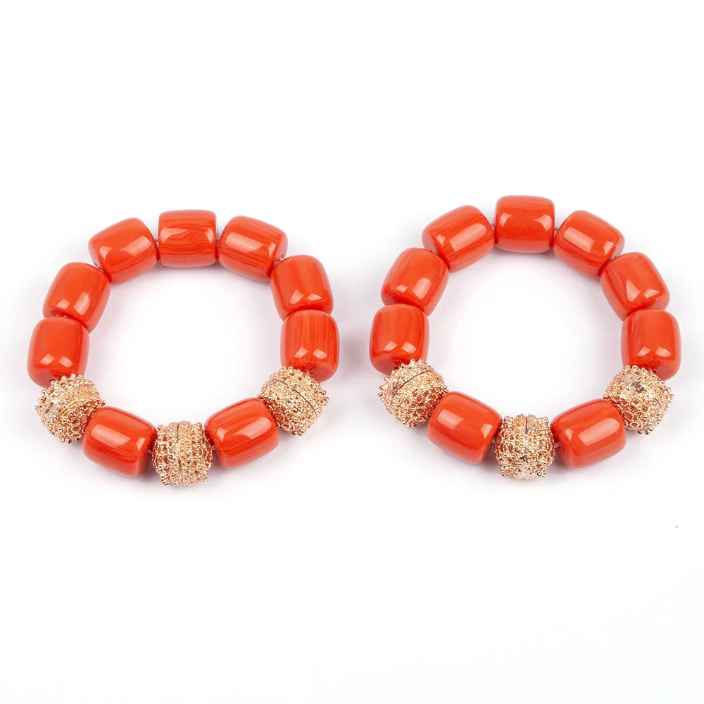 Artificial Coral Women Pendant Necklace Bracelets Earrings Suit African Wedding Jewelry Set Nigeria Bride Accessories Party Gift
