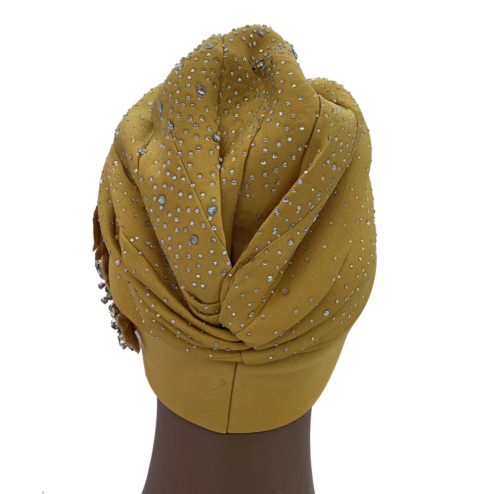 Elegant African Turban Cap with Shiny Rhinestone Ready to Wear Nigeria Auto Gele Headtie Party Women's Head Wrap Bonnet Turbante