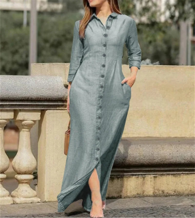 Elegant and Fashionable Neutral Style Long Sleeved Cardigan Solid Color Long Cotton and Linen Dress New Temperament Party Dress