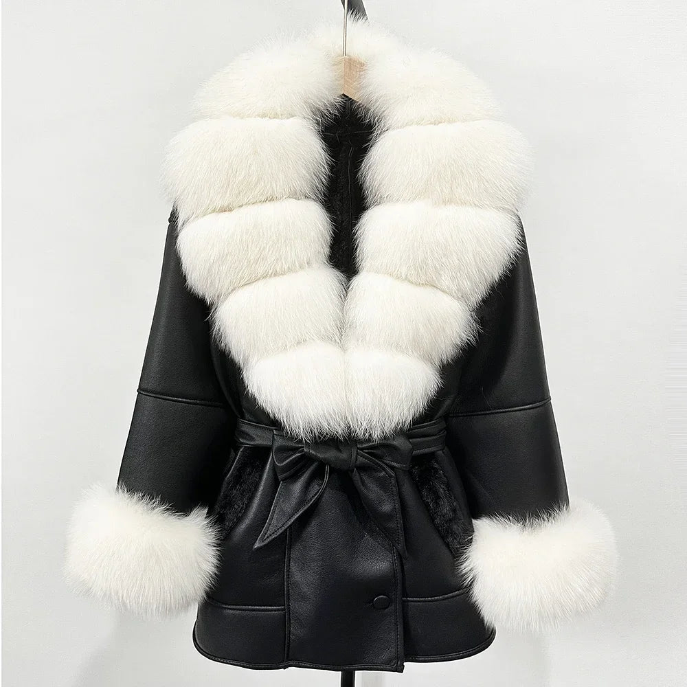 Women's Large Faux Fur Leather Jacket Warm Autumn Winter Outwear High Street Style Thick Warm Fur Turn-Down Collar Single Breasted