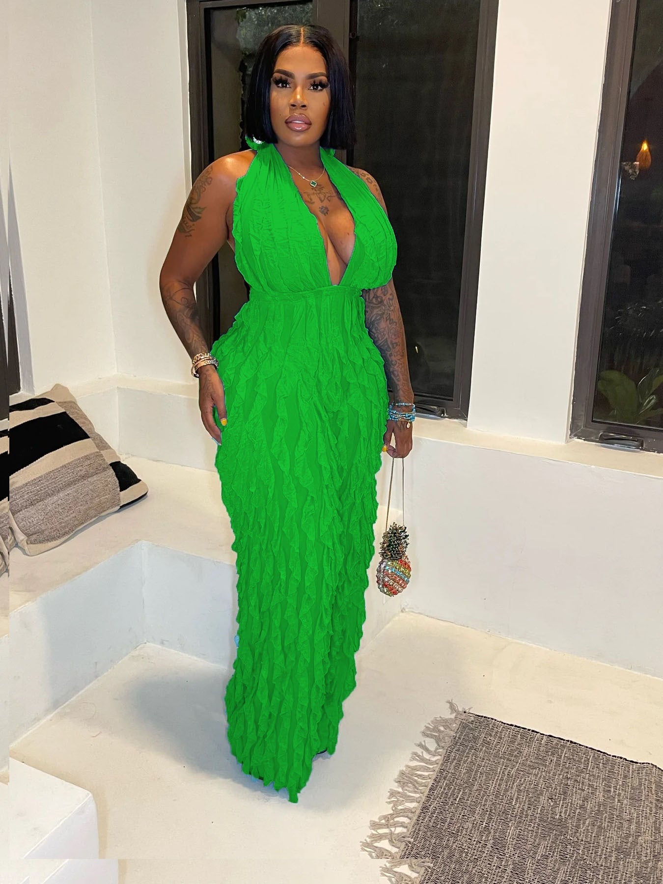 CM.YAYA Fashion Women Wave Ruffles Halter Deep V-neck Backless Sleeveless Wide Leg Jumpsuit 2023 Sexy Party Club Romper Playsuit