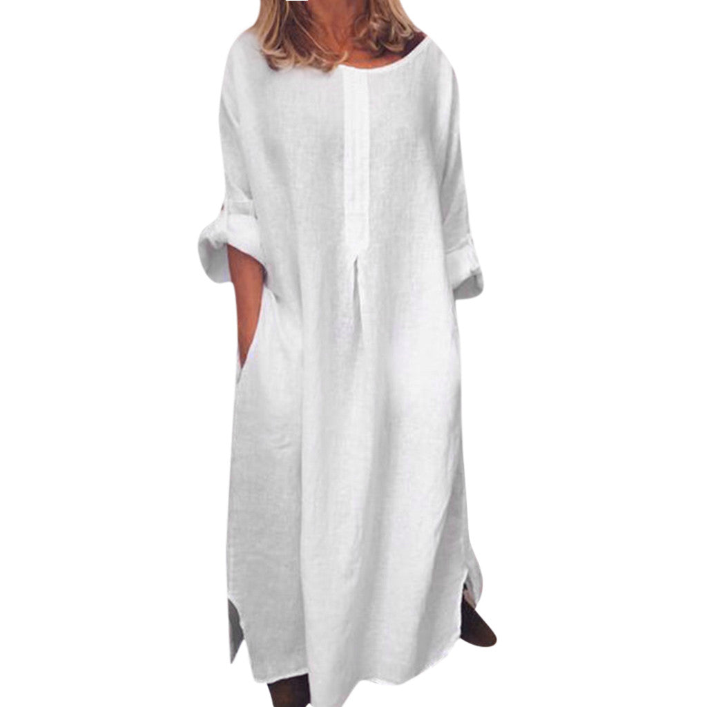 Holiday Dresses For Women 2023 Plus Size Long Sleeve Solid O-neck Summer Maxi Dress With Pockets V Neck Dresses Платье Женское