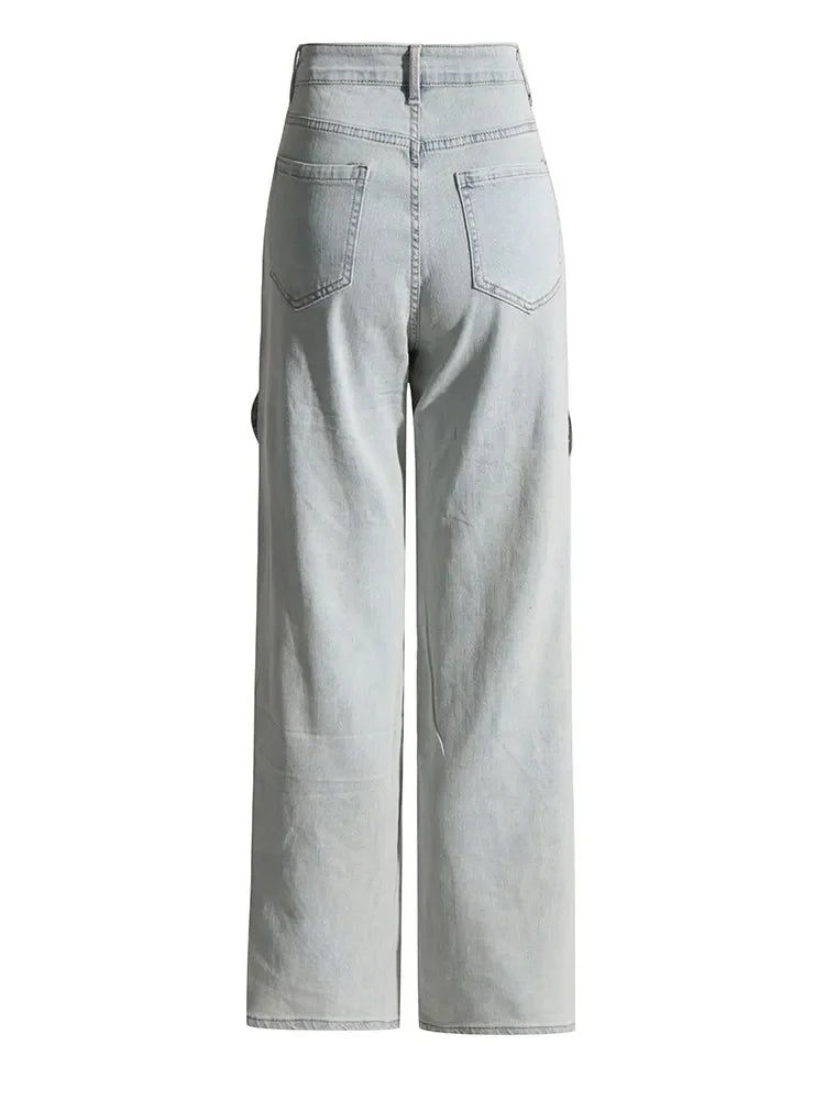 Women's Crisscross Streetwear Denim Trousers With High Waist Patchwork