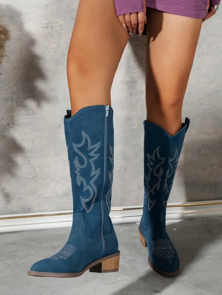 Women Chelsea Cowboy Knee High Boots for Women Mid Heels Walking Shoes Winter Fashion Zipper Chunky Boots Pumps Punk High Botas