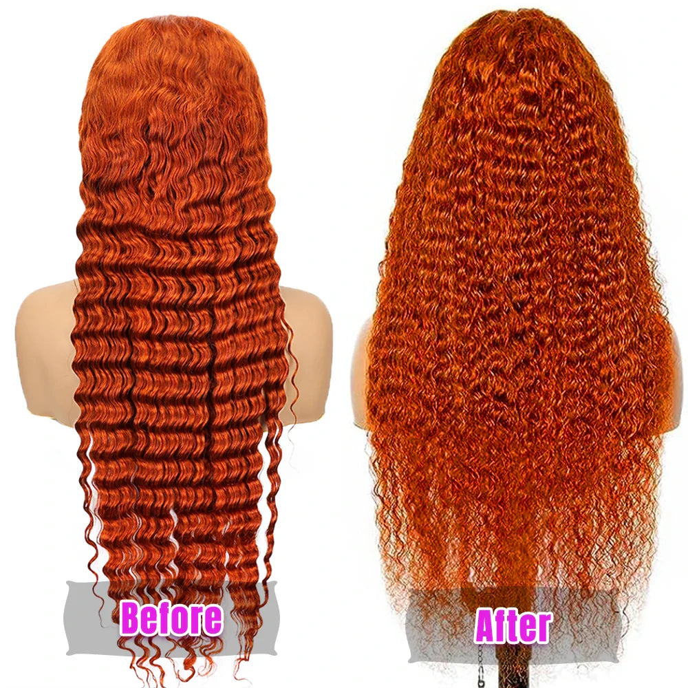 13x4 13x6 200 Density Transparent HD Lace Front Wig for Women Deep Wave Remy Human Hair  Ginger Orange 350 Color Glueless
