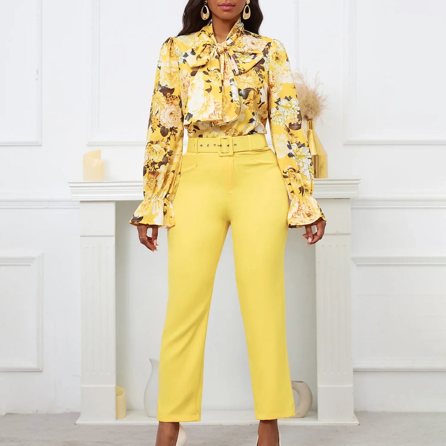 Fashion Print Two Piece Set Women Office Suits Tie Bow Neck Button Shirt + Belt Pencil Pants Elegant Slim Lady Sets Casual shirt