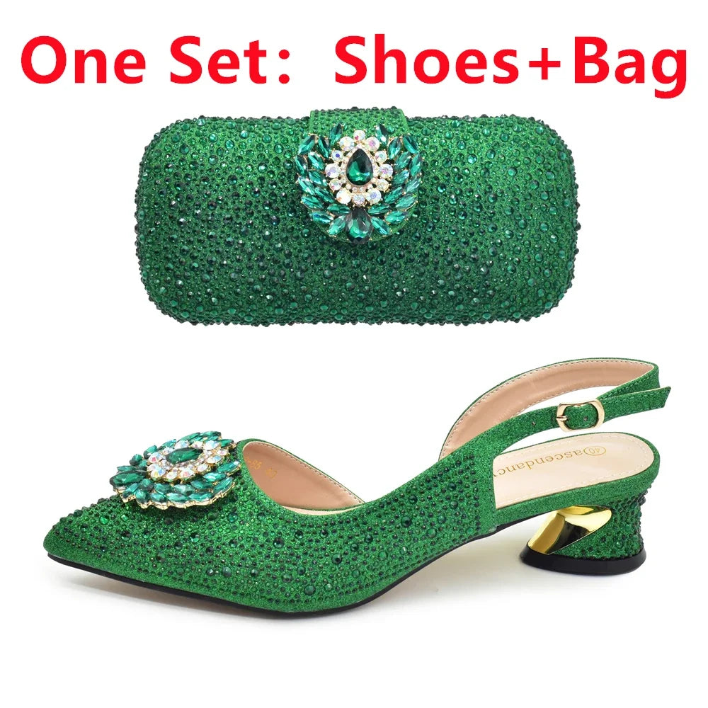 Elegant Italian Women's Rhinstone Pumps Heels Shoes and Bag Set To Match for Weddings and Party