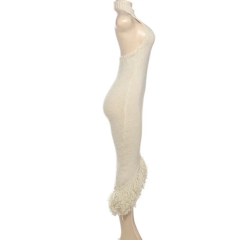 CM.YAYA Knitwear O-Neck Women Sleeveless Tassel Bodycon Long Dress 2025 Spring Sexy Night Club Birthday Party Evening Dresses