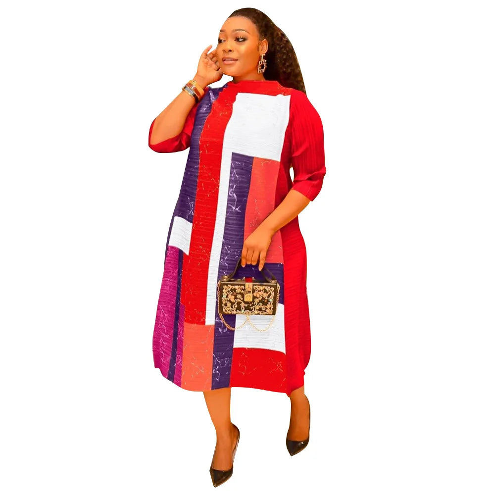 2023 Fashion African 3/4 Sleeve Polyester Plus Size O-Neck Pleated Long Dress Dashiki African Clothes African Dresses for Women