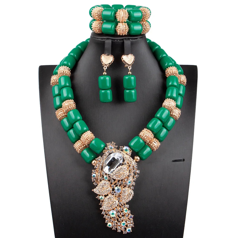 Artificial Coral Women Pendant Necklace Bracelets Earrings Suit African Wedding Jewelry Set Nigeria Bride Accessories Party Gift
