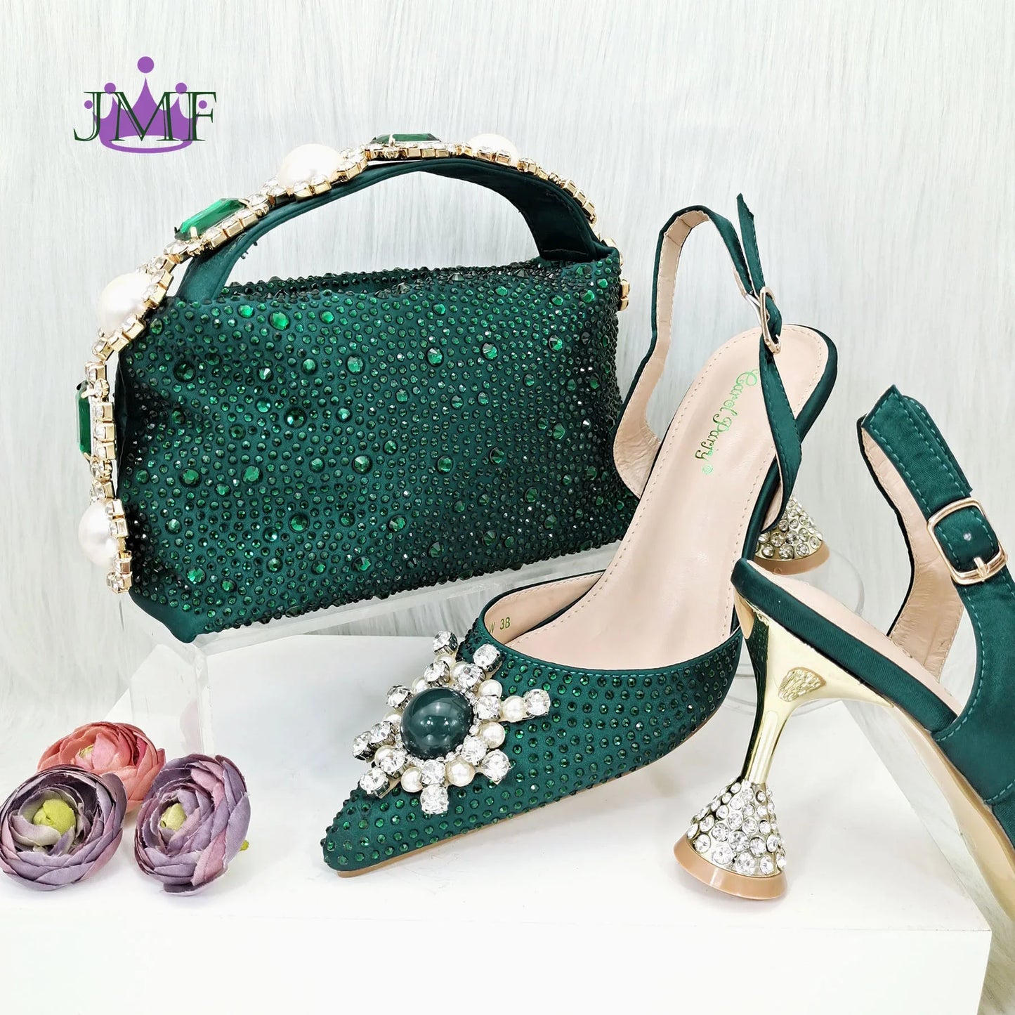 JMF New arrive Italian Design Blue Women's Fashion Rhinestone Pearl Point Toe Stiletto Heels Sandals Women's Shoes & Bag Set
