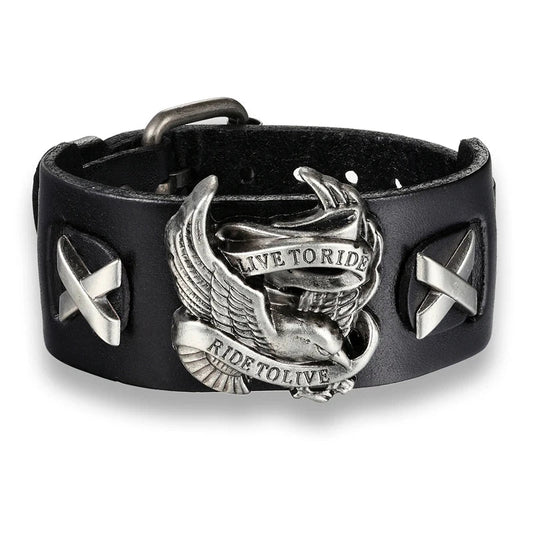 Genuine Leather Ride to live Biker Eagle Bracelets Men Gothic Rock Wide Cuff Wristband