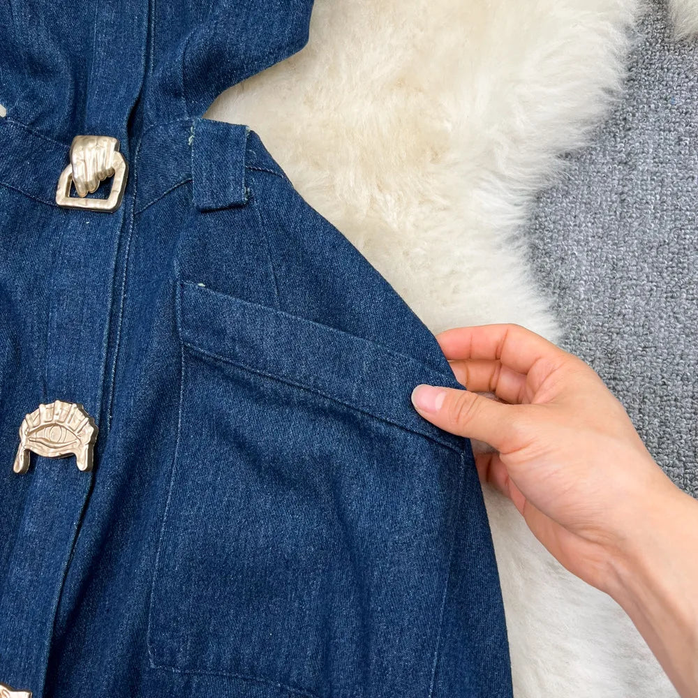 Denim Dress Women Long Dresses Turn Down Collar Sleeveless Party Club Hollow Out Jeans High Waist Slim Single Breasted Vestidos
