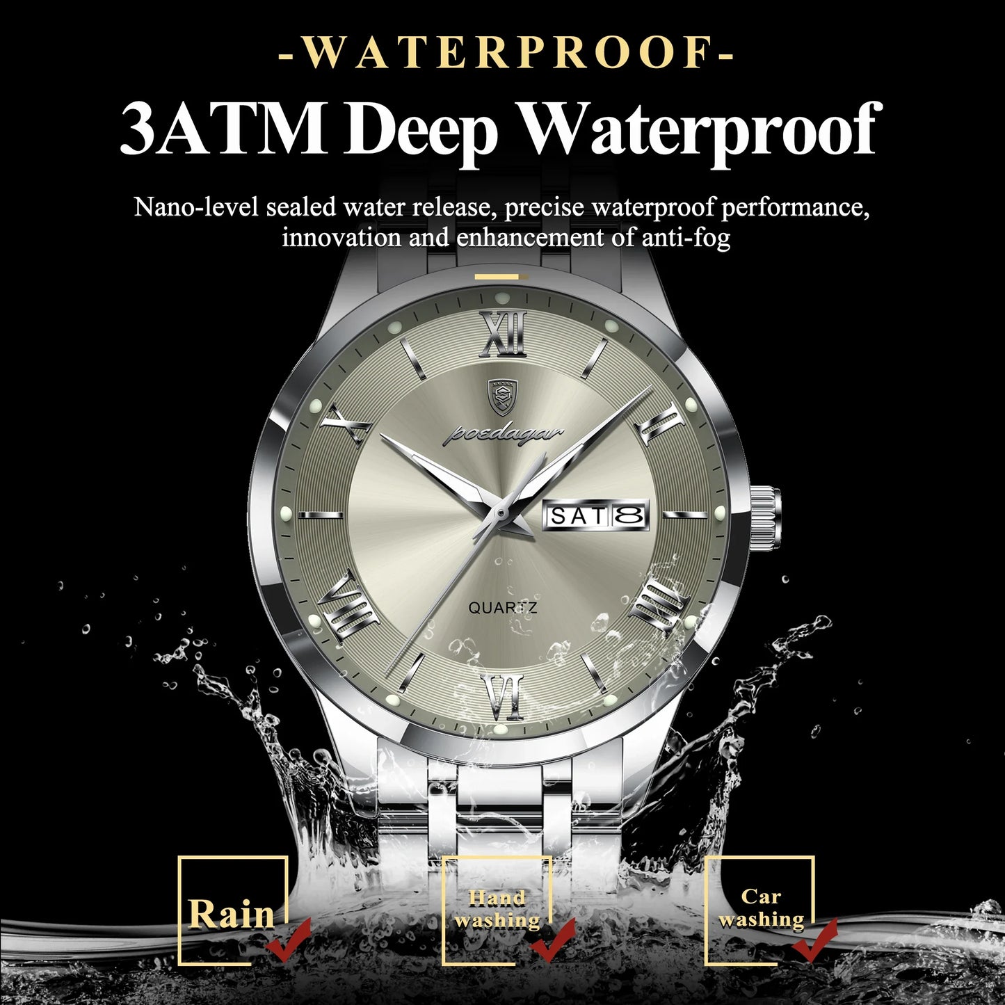 Luxury Fashion Men Clock Waterproof Luminous Week Date Sports Man Wristwatch Stainless Steel Men's Quartz Watches Reloj