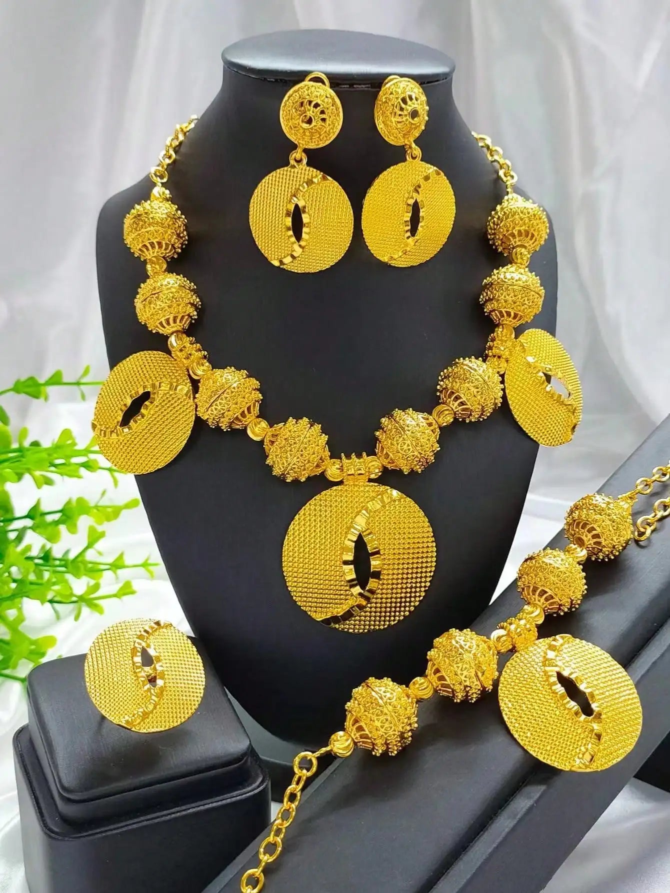 New Dubai African Bead Jewelry Set for Women Party Gifts Wedding Accessories 24K Gold Color Necklace Ring Bangle Earrings Sets
