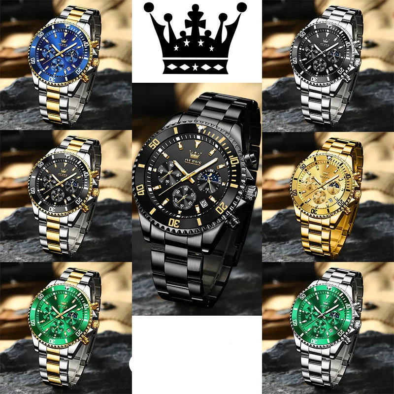 Men's Watches Top Brand Luxury Watch for Men Original Waterproof Stainless Steel Chronograph Moon Phase Date Rota Dial