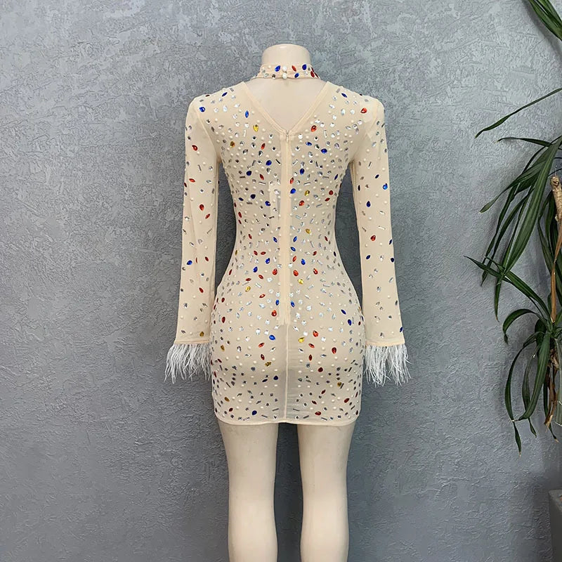 CM.YAYA Vintage Women Mesh See Though Crystal Feather Hem Long Sleeve Bodycon Midi Maxi Long Dress Sexy Party Club Dresses