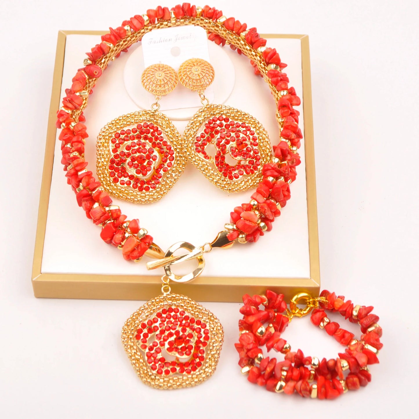 Natural coral beads orange necklace set for stylish Nigerian wedding couple African jewelry