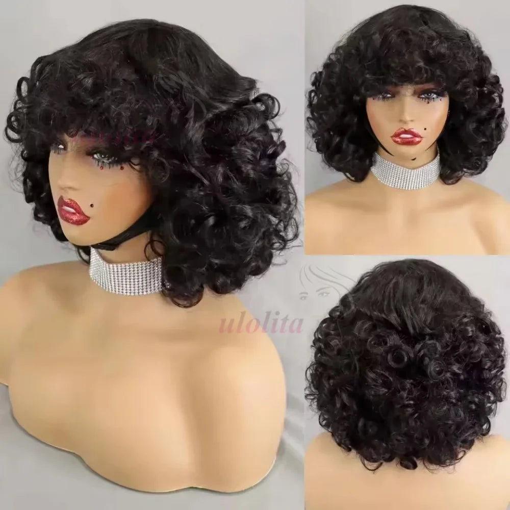 99J burgundy Fumi Curly Bob Wig Bouncy Pixie Cut Wig Highlight Full Machine Egg Curls Curly Human Hair Wigs for Women With Bangs