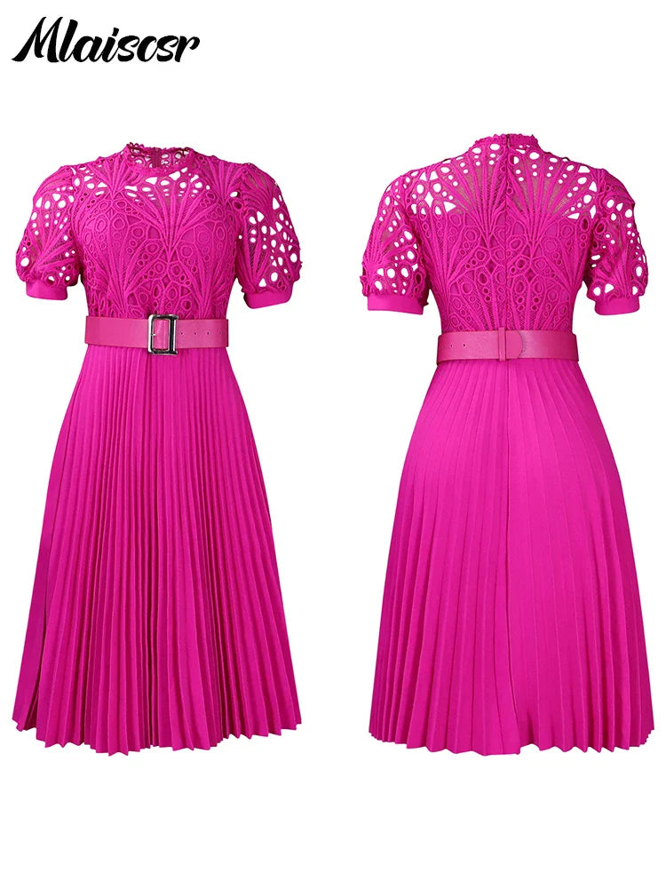 Mlaiscsr Elegant Luxury Wedding Guest Pleated Dresses with Belt Women O Neck Lace Patchwork Short Sleeve Birthday Party Robe New