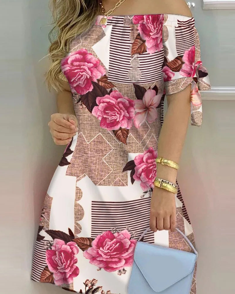 Fashionable Sexy Women's Print Dress Women's Word Shoulder Short -sleeved A -line Dress Ladies Off The Shoulder Mini Dresses