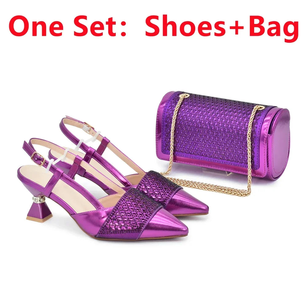 Women's Italian Shoes and Matching Bags Sets Decorated with Rhinestone Fashion