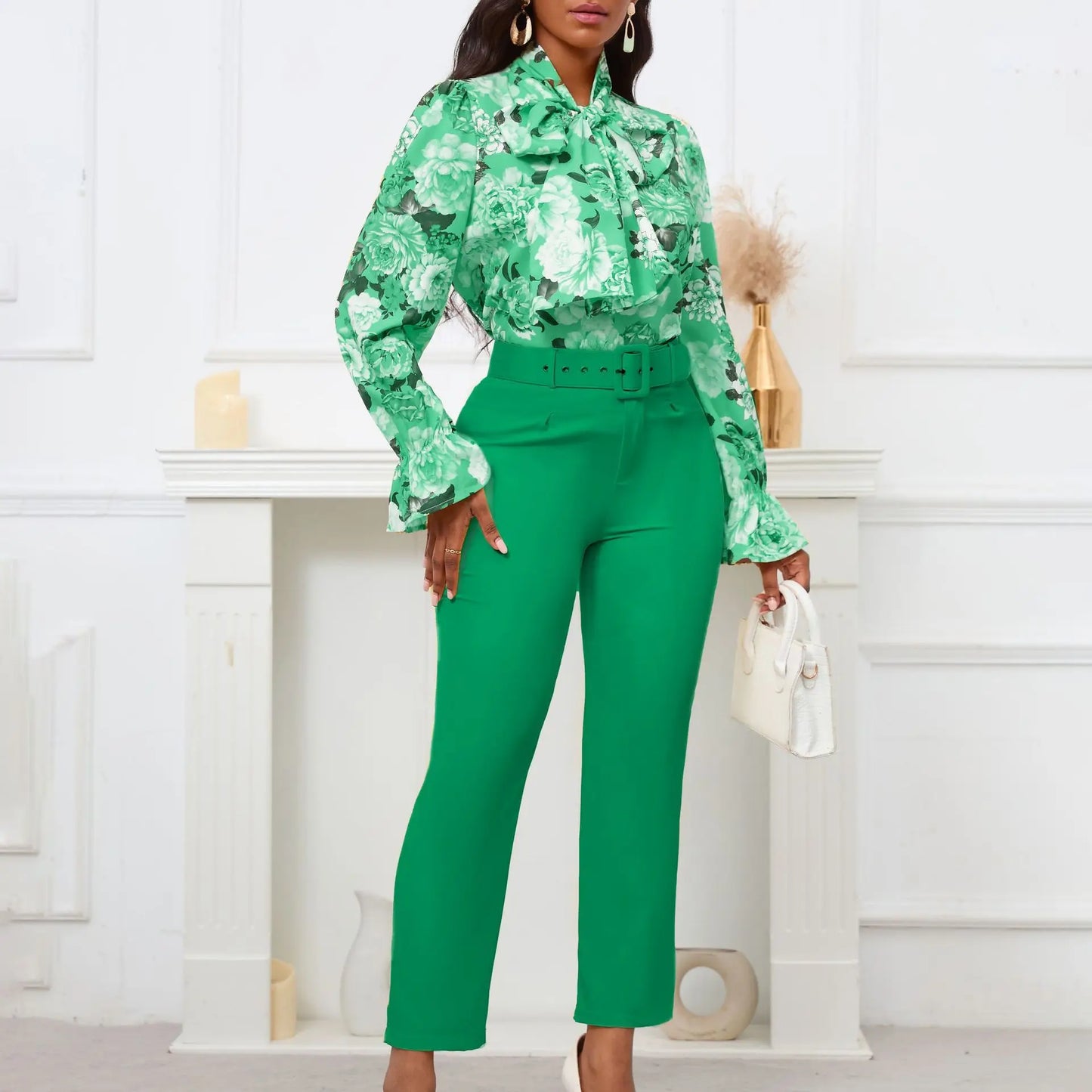 Fashion Print Two Piece Set Women Office Suits Tie Bow Neck Button Shirt + Belt Pencil Pants Elegant Slim Lady Sets Casual shirt