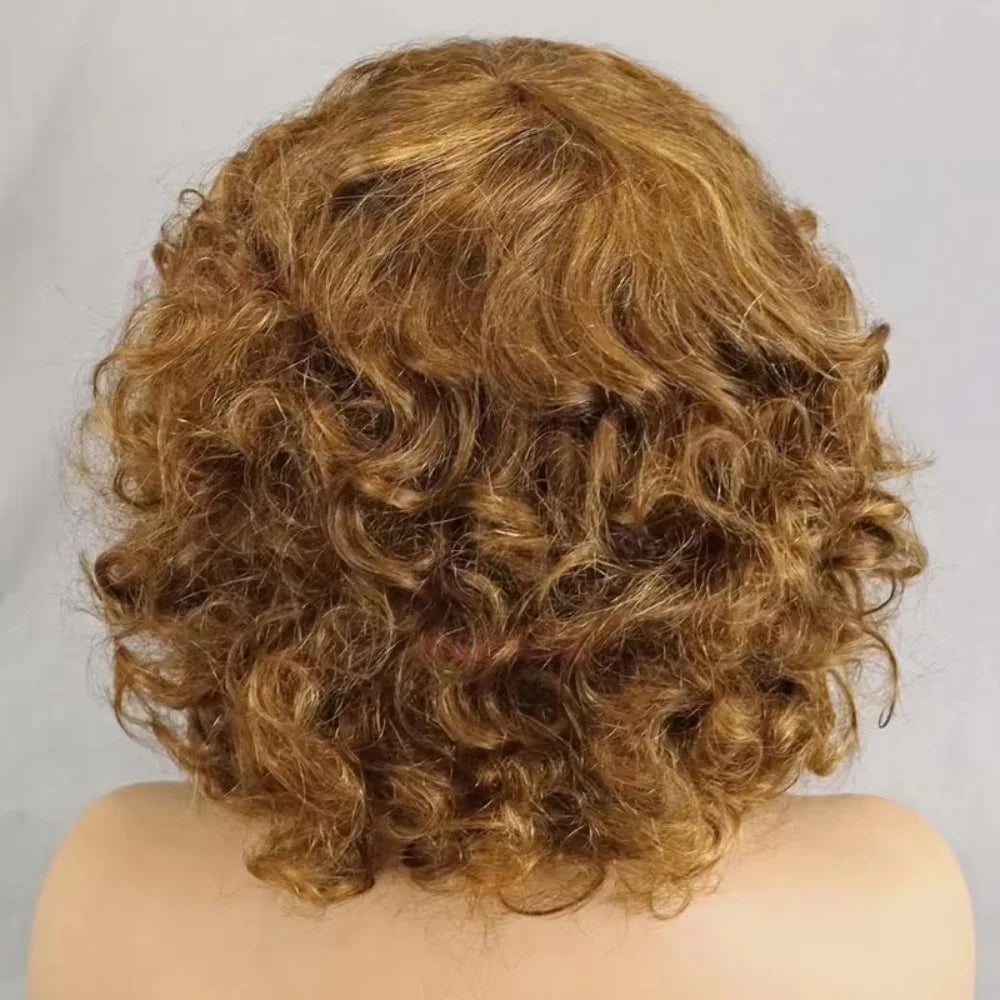 99J burgundy Fumi Curly Bob Wig Bouncy Pixie Cut Wig Highlight Full Machine Egg Curls Curly Human Hair Wigs for Women With Bangs