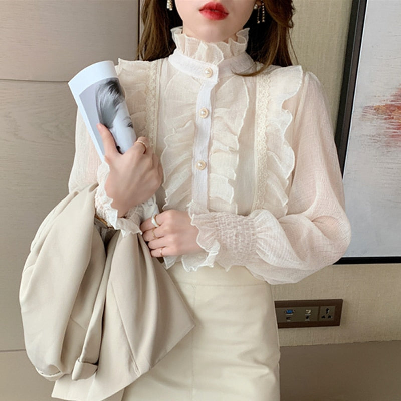 Woman Chic Long Sleeve Stand Collar Casual Loose White Tops Lace Ruffles