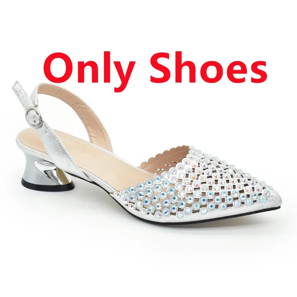 Italian Shoes with Matching Bags Set Decorated with Rhinestone African Shoes for Women Mid Heels Party Pumps  Plus Size Heels 43