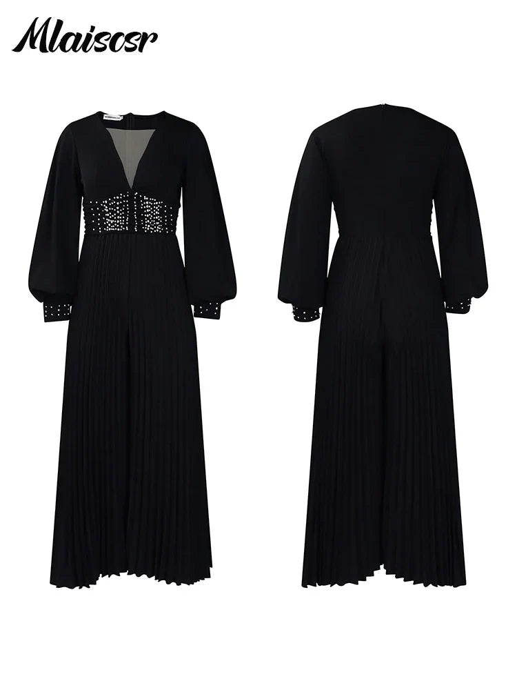 Mlaiscsr Elegant Evening Party Jumpsuit Long Sleeved Waist Pearl Bead Mesh Loose Wide Leg Pleated Long Dinner One Pieces Rompers