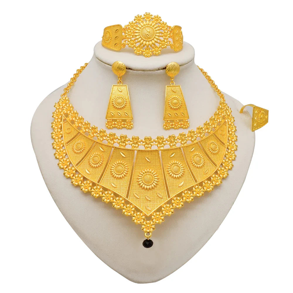 Indian Dubai Gold Color Jewelry Sets For Women Earring & Necklace Nigeria Moroccan Bridal Wedding Party Gifts