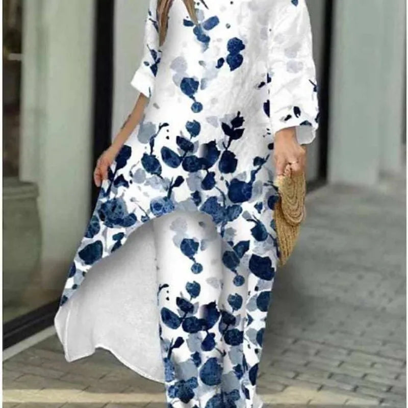 Women's Fashion Spring/Summer Casual Loose Irregular Printed Nine Sleeve Round Neck Shirt High Waist Wide Leg Pants 2-piece Set