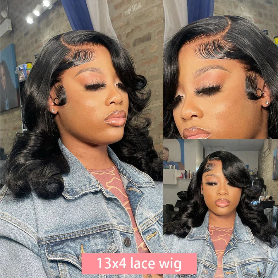 13x4 Short Body Wave Lace Frontal Bob Wig 200% Density Brazilian Remy 100% Human Hair Transparent Lace Wigs For Women 12 14 Inch