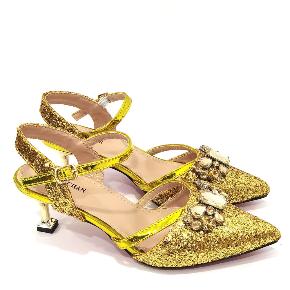 Women's Italian Fashion Peep Toe Pump Shoes with Matching Bag Set for Wedding And Party Med Heel Bling Embellished Mary Janes
