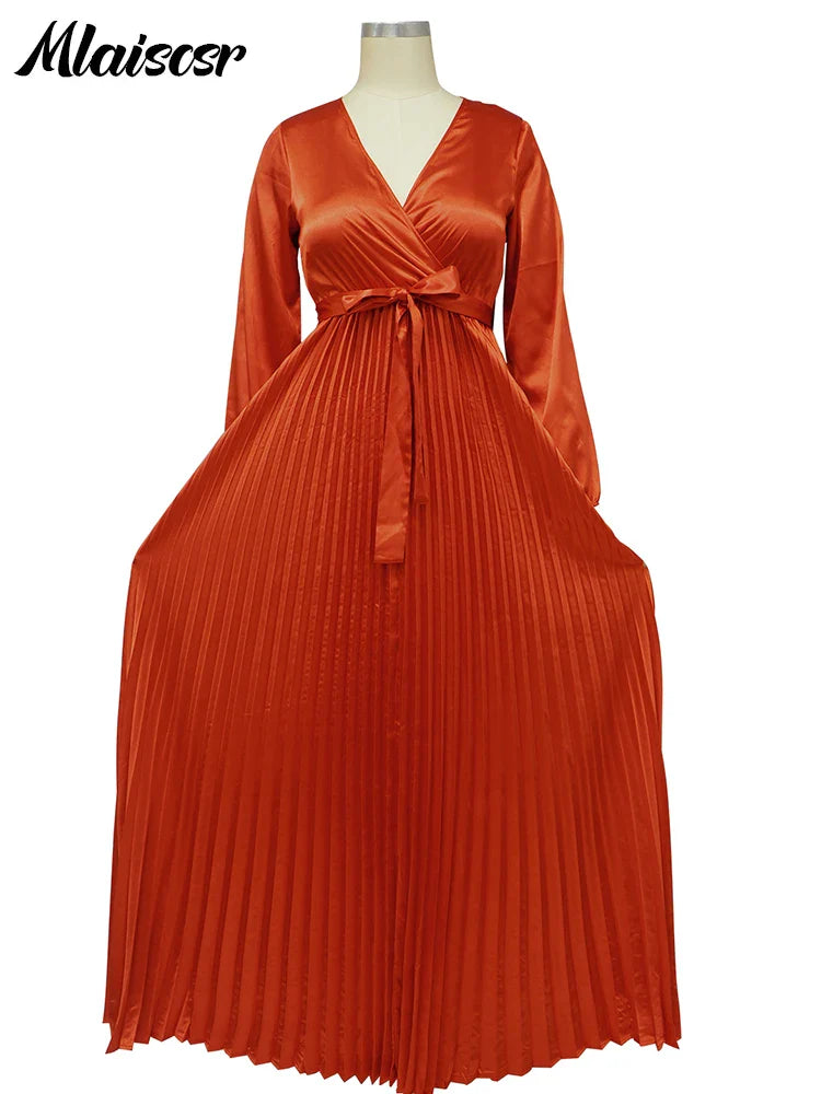 Mlaiscsr Elegant Wedding Guest Pleated Long Dress Women V Neck Lantern Sleeves Sashes Big Swing Sexy Birthday Party Evening Robe