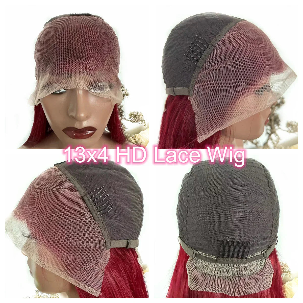 200 Density 13x4 HD Transparent Lace Front Wig for Black Women Straight Remy Human Hair Wigs 99J Burgundy Color Glueless