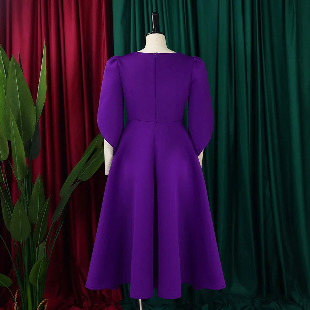 Elegant Dress Woman 2024 Wedding Party Round Neck Half Sleeve High Waisted Pleated Mid Calf Luxury Birthday Dinner Vestidos Robe