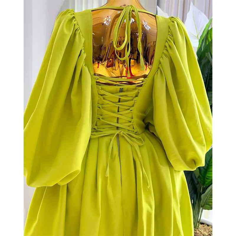 CM.YAYA Women Long Lantern Sleeve Square Collar Big Swing Long Maxi Dress 2024 Fall Birthday Sexy Party Evening Dresses Vestidos