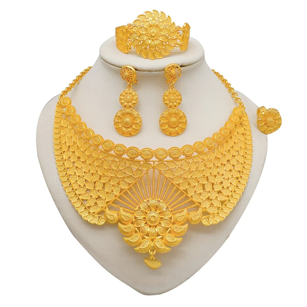 Indian Dubai Gold Color Jewelry Sets For Women Earring & Necklace Nigeria Moroccan Bridal Wedding Party Gifts