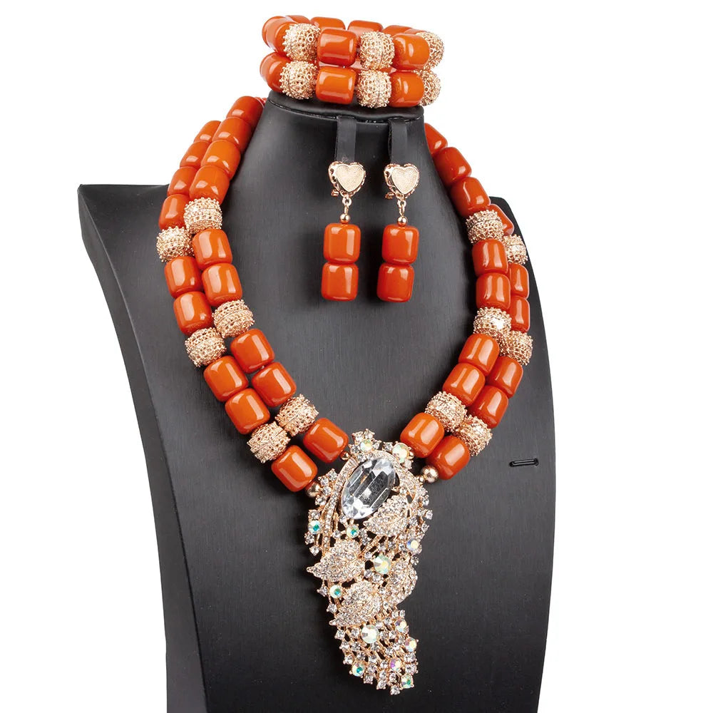Artificial Coral Women Pendant Necklace Bracelets Earrings Suit African Wedding Jewelry Set Nigeria Bride Accessories Party Gift