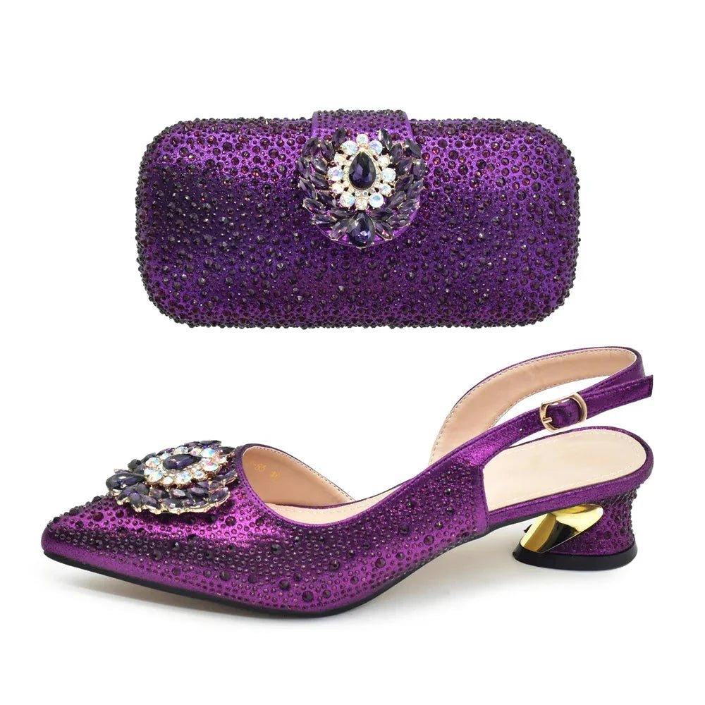 Elegant Italian Women's Rhinstone Pumps Heels Shoes and Bag Set To Match for Weddings and Party
